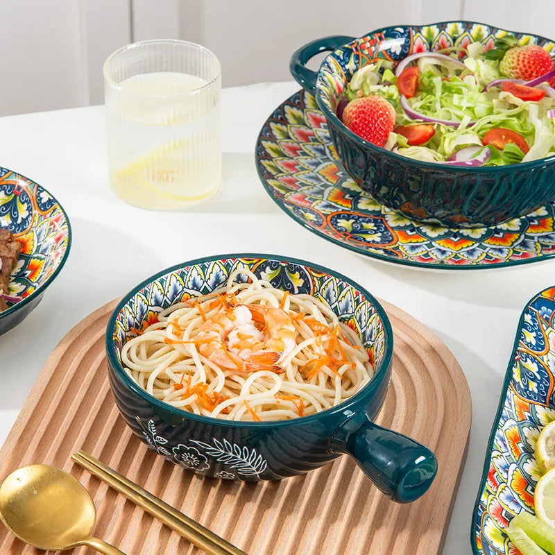 Ceramiczny zestaw talerzy i mis do kuchni w stylu boho