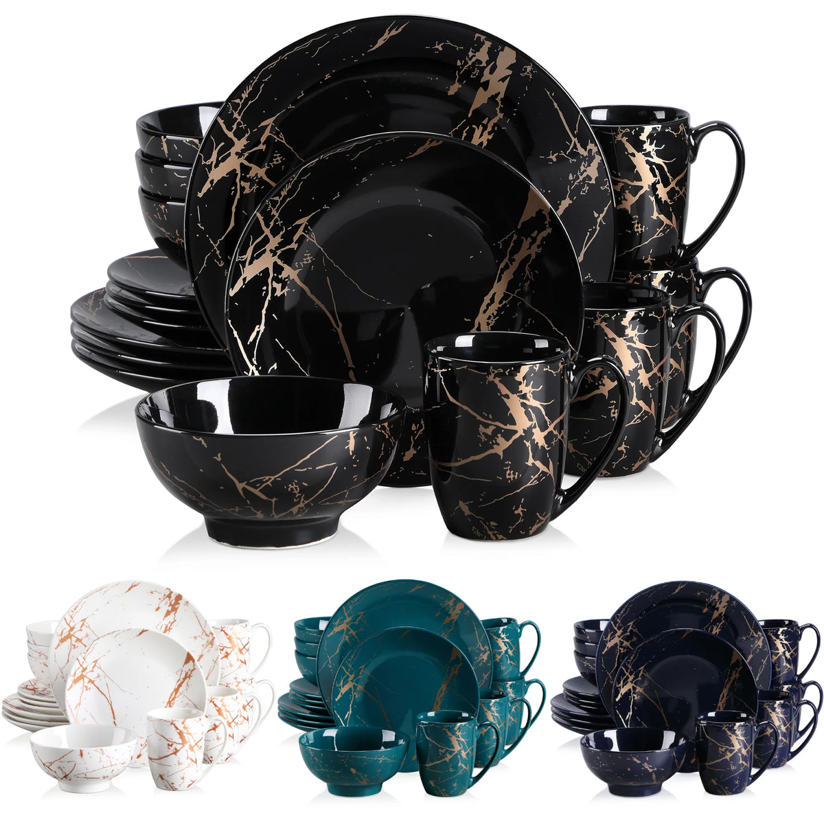 Porcelanowy serwis obiadowy czarny z marmurkowym złotym wzorem glamour