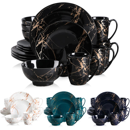 Porcelanowy serwis obiadowy czarny z marmurkowym złotym wzorem glamour