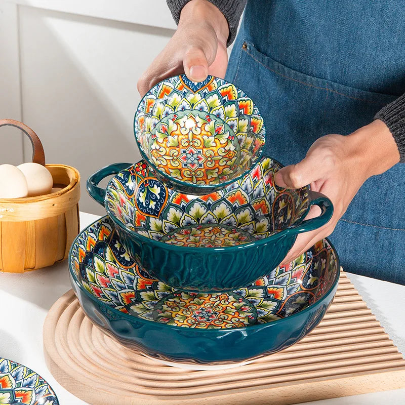 Ceramiczny zestaw talerzy i mis do kuchni w stylu boho
