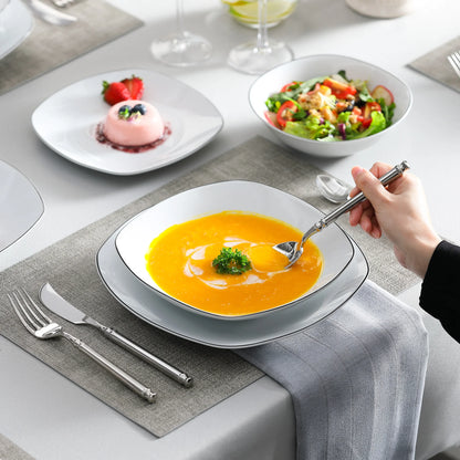 Zestaw talerzy porcelanowych biały z czarnym zdobieniem dla 12 osób