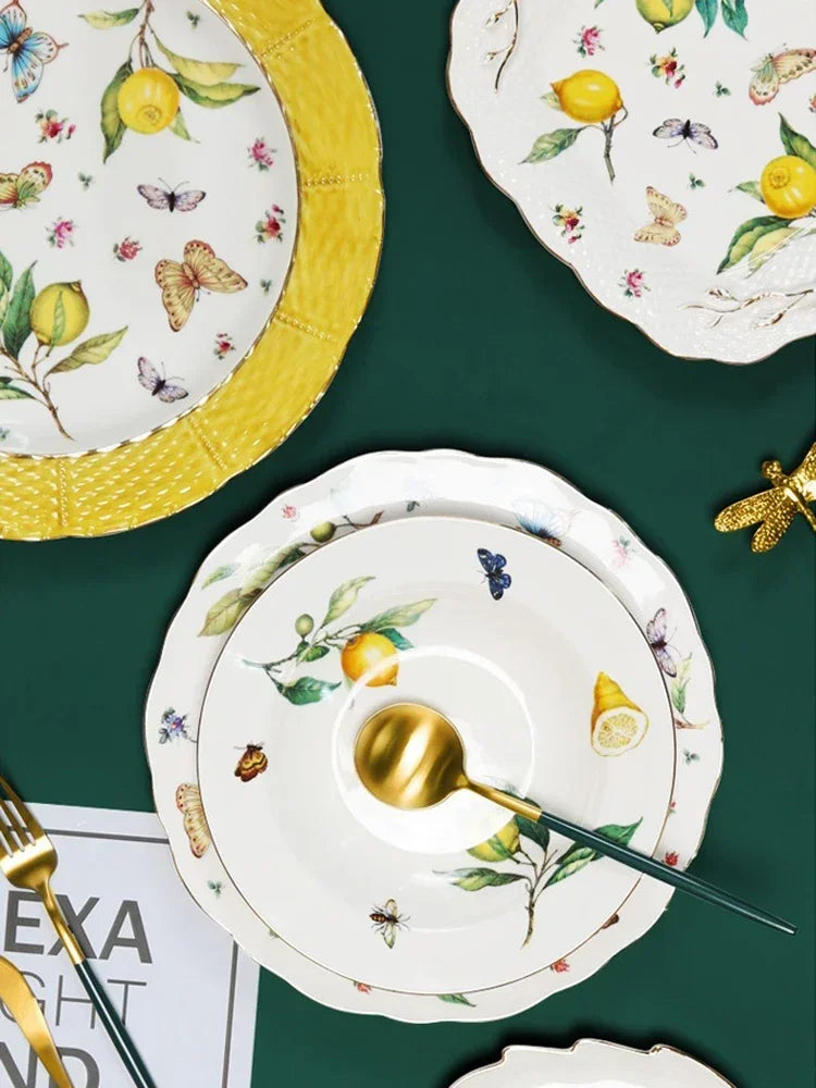 Zestaw talerzy obiadowych z porcelany biały z żółtym do kuchni