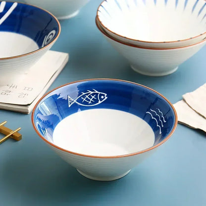Ceramiczna miska do zupy w stylu japandi biało niebieska do kuchni