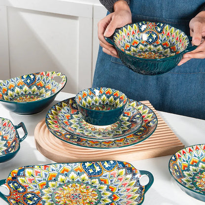Ceramiczny zestaw talerzy i mis do kuchni w stylu boho