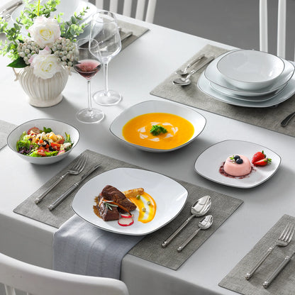 Zestaw talerzy porcelanowych biały z czarnym zdobieniem dla 12 osób