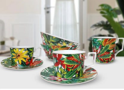 Porcelanowa etażerka do serwowania w zieleni z kolorowymi kwiatami