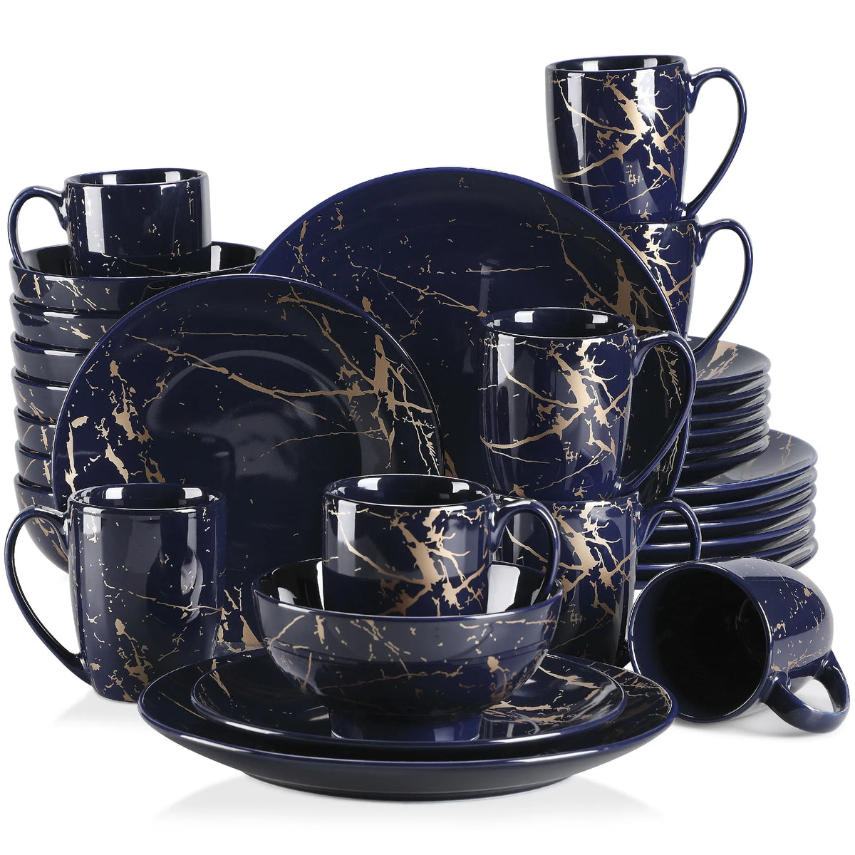 Porcelanowy serwis obiadowy czarny z marmurkowym złotym wzorem glamour