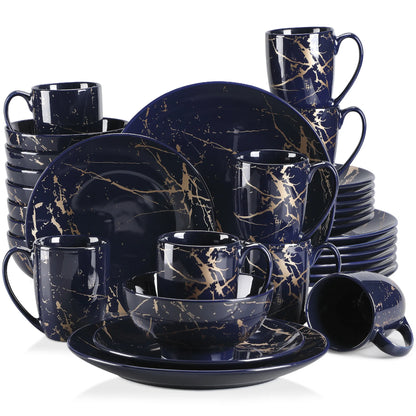 Porcelanowy serwis obiadowy czarny z marmurkowym złotym wzorem glamour