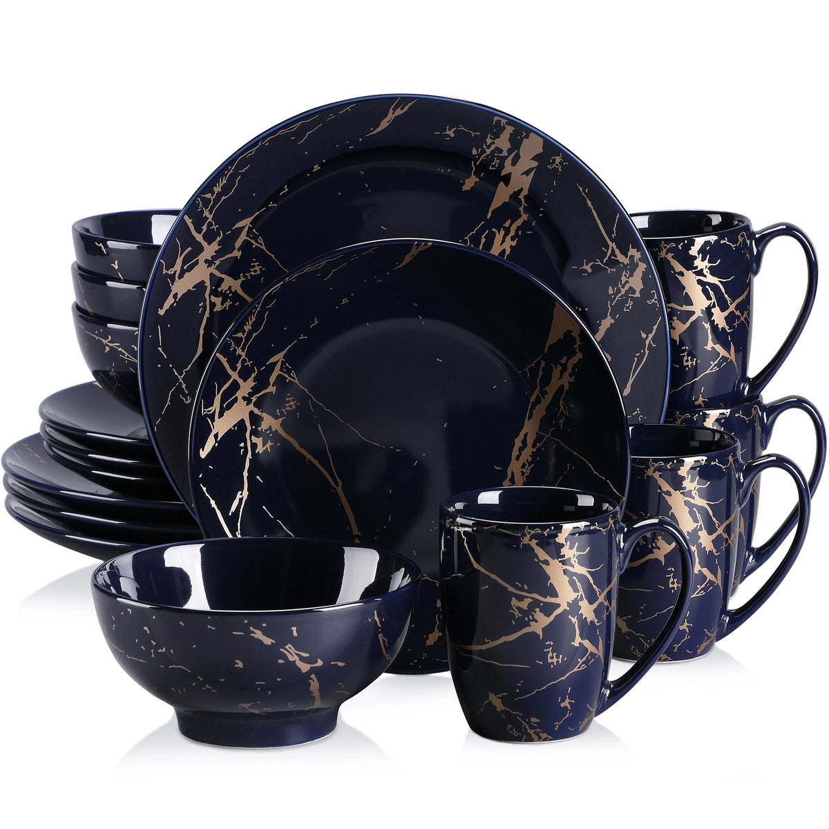 Porcelanowy serwis obiadowy czarny z marmurkowym złotym wzorem glamour