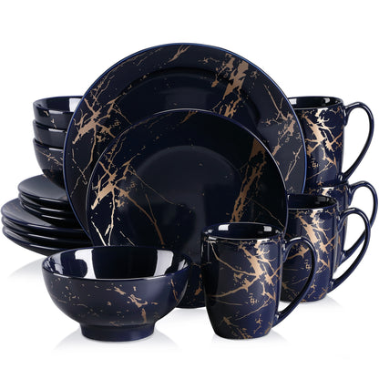 Porcelanowy serwis obiadowy czarny z marmurkowym złotym wzorem glamour